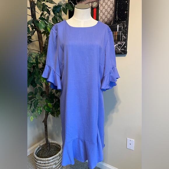 Gianni Bini Womens Ruffle Trumpet Sleeve Blue Work Shift Dress Size XL - Picture 1 of 9